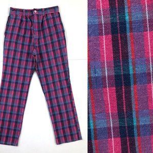 Vintage Girls Plaid Pants 1990s Colorful Pink Blue Cotton High Waist Siz…